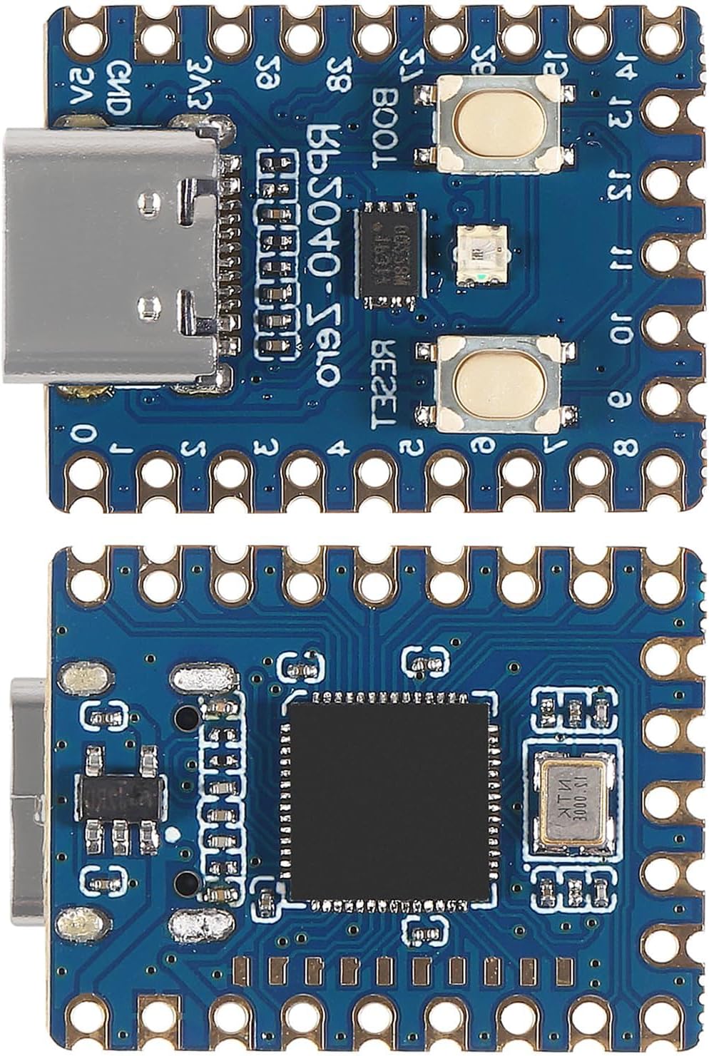 Waveshare RP2040-Zero microcontroller board — compact purple PCB with USB-C connector and RGB LED